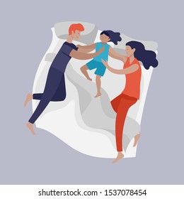 Sleeping people character. Family with child are sleep in bed together and alone in various poses, different postures during night slumber. Top view. Colorful vector illustration