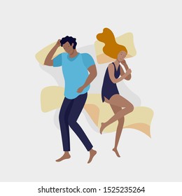 Sleeping people character. Family or lovers are sleep in bed together in various poses, different postures during night slumber. Top view. Colorful vector illustration
