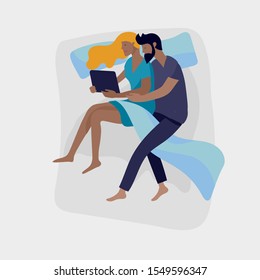 Sleeping people character. Family or lovers are sleep in bed together in various poses, different postures during night slumber. Top view. Colorful vector illustration