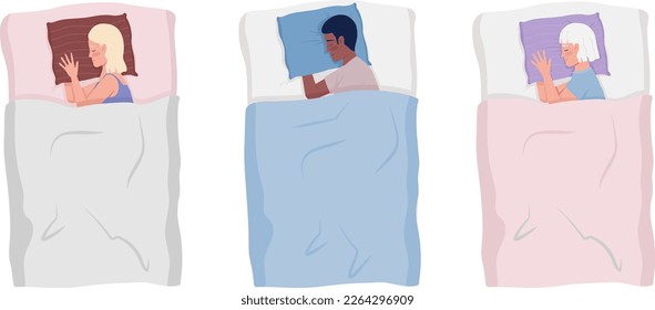 Sleeping people cuddling pillows semi flat color vector characters set. Editable figures. Full body women, man on white. Simple cartoon style illustration pack for web graphic design and animation