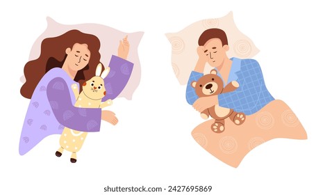 Sleeping people. Cute man with bear teddy toy and girl with plush bunny toy. Time relax. Isolated cute light-skinned characters in flat style. Vector illustration