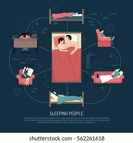 Sleeping people design concept with married couple laying in bed and young men and women resting in chair on couch and at table vector illustration