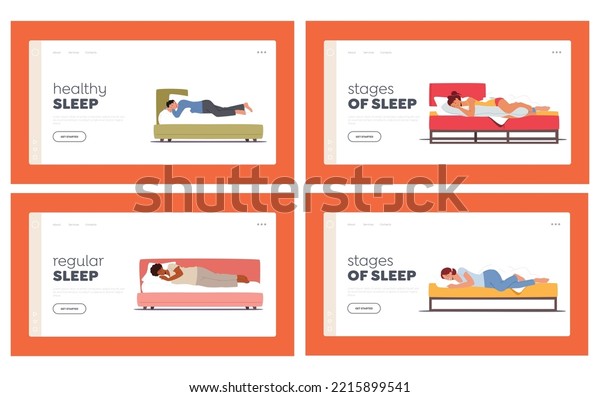 Sleeping People Landing Page Template Set.\
Men and Women Lying in Bed. Nighttime Relaxation, Male and Female\
Characters Wear Pajama Sleep with Pillows at Home Interior. Cartoon\
Vector Illustration