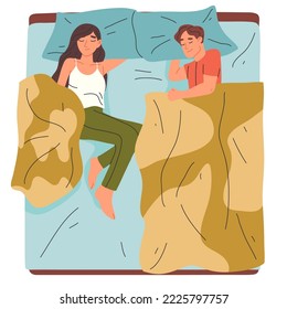 Sleeping people lying in bed, tired asleep characters. Couple resting in bed isolated flat vector illustration on white background