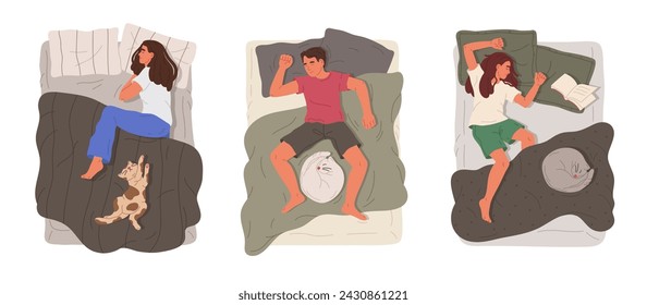 Sleeping people. Man and woman resting in bed with cats, napping characters and cute pets flat vector illustration set. Male and female person sleeping in cozy bed