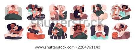 Sleeping people set. Sleepers, night dreams. Men, women, kids asleep, lying on pillow, bed, top view. Sleepy napping characters portraits. Flat graphic vector illustration isolated on white background Stock photo © 