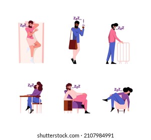 Sleeping people. Tired persons in transport sleeping gestures lazy characters on pillow in various poses garish vector flat colored pictures