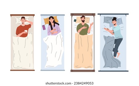 Sleeping people top view set. Men and women at beds. Rest and relax, dream. Young guy and girl at bed with blanket and pillow. Cartoon flat vector collection isolated on white background