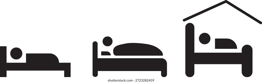 Sleeping Person in Bed Icon Set. Sleeping People Icon Set. Hotel flat icon. Sleeping shelter sign. Healthy lifestyle symbol. Sleeping People on transparent background
