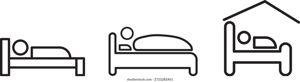 Sleeping Person in Bed Icon Set. Sleeping People Icon Set. Hotel flat icon. Sleeping shelter sign. Healthy lifestyle symbol. Sleeping People on transparent background
