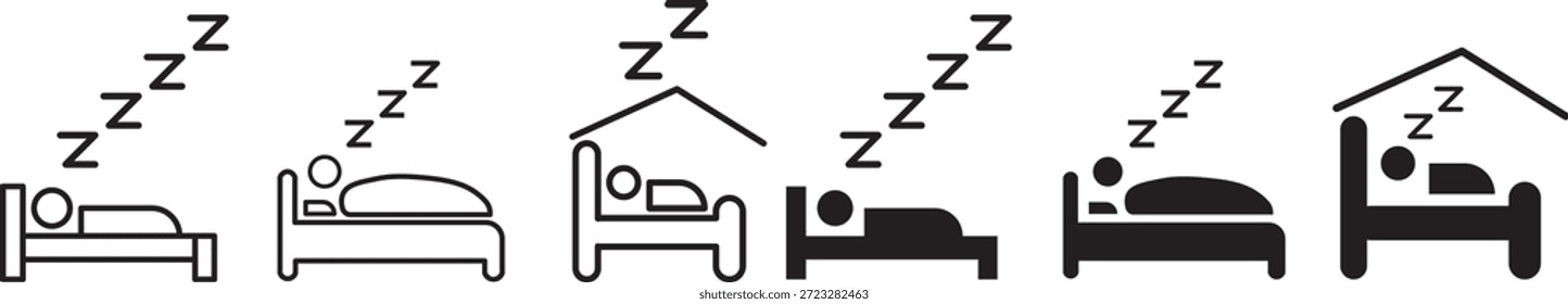 Sleeping Person in Bed Icon Set. Sleeping People Icon Set. Hotel flat icon. Sleeping shelter sign. Healthy lifestyle symbol. Sleeping People on transparent background
