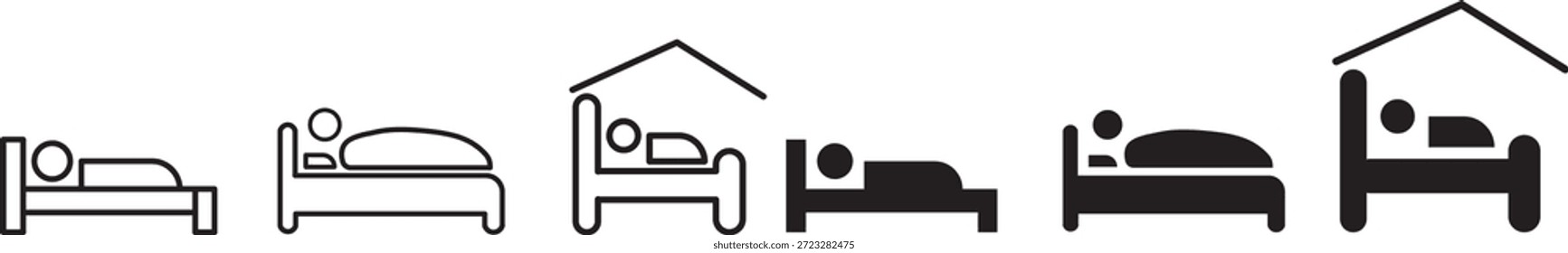Sleeping Person in Bed Icon Set. Sleeping People Icon Set. Hotel flat icon. Sleeping shelter sign. Healthy lifestyle symbol. Sleeping People on transparent background
