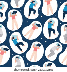 Sleeping person in different poses vector pattern