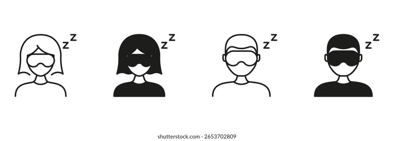 Pessoa Adormecida Com Linha De Máscara Ocular E Conjunto De Ícones Sólidos. Repouso, Relaxamento E Coleção De Símbolos De Sono. Roupa De Sono E Representação De Rotina Noturna. Ilustração de vetor isolada.