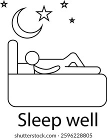 Sleeping Person Under Moon and Stars – "Sleep Well Icon Depicting Restful Night with Moon, Stars, and Relaxing Figure for Health and Wellness with Transparent Background"