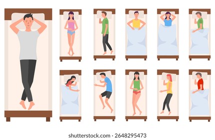 Vetor de pessoa dormindo. Mulher, homem e animal de estimação deitado na cama com travesseiro e cobertor. Ilustração de noite de desenhos animados de pessoas cansadas relaxando. Postura de sono saudável e conjunto de design confortável para dormir.

