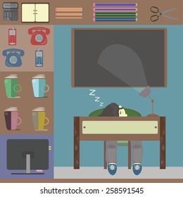 Sleeping person at work and some office things