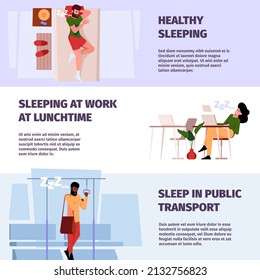 Sleeping persons banners. Sleepy lazy people in bed relax in city transport sleeping positions garish vector print design templates with place for text