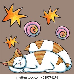Sleeping pets. Cartoon vector illustration.