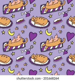 Sleeping Pets Hand Drawn Seamless Background
