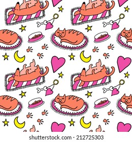 Sleeping Pets Hand Drawn Seamless Background