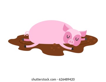 Sleeping pig in mud. Sleepy piggy in puddle