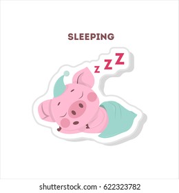 Sleeping pig sticker. Isolated cute sticker on white background.