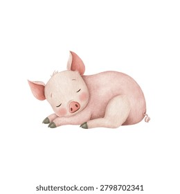 Sleeping piglet with closed eyes curled up