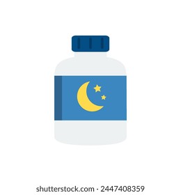 Icono de la botella de somníferos. Salud, problema de insomnio, concepto de medicina. Ilustración de diseño de Vector plano aislado sobre fondo blanco.