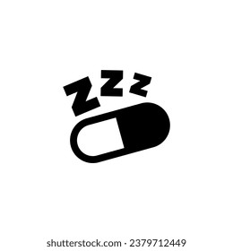 Cápsula de la píldora durmiente con texto de zzz. Icono de vector plano. Sencillo símbolo negro sobre fondo blanco. Cápsula de píldora durmiente con plantilla de diseño de signo de texto zzz para elementos de interfaz de usuario web y móvil