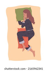 Sleeping with pillow between legs 2D vector isolated illustration. Female side sleeper resting flat character on cartoon background. Colourful editable scene for mobile, website, presentation