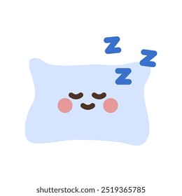 Sleeping pillow cartoon with snore zzz sign. Bedtime, nighttime, sweet dream, lifestyle concepts. Flat character vector design isolated illustration.