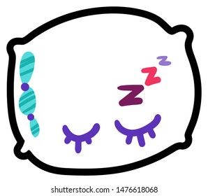 Sleeping pillow flat vector illustration. Adorable cushion with eyelashes. Bedtime, night rest