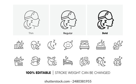 Almohada para dormir, cama de noche e insomnio insomnio. Iconos de la línea de suspensión. Colchón de descanso de dormitorio, zzz snooze y almohadas con iconos de plumas. Máscara de dormir, despertador y sueño humano en la cama. Vector