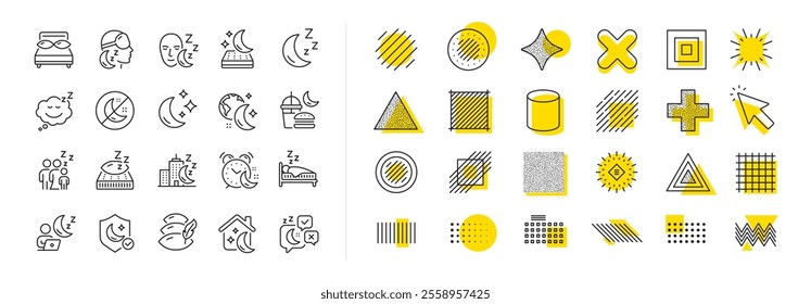 Sleeping pillow, Night bed and Insomnia sleeplessness. Design shape elements. Sleep line icons. Bedroom rest mattress, Zzz snooze and Pillows with feather icons. Vector