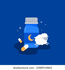 Sleeping pills for better sleep. Sleep disorders, dealing with insomnia concept. Vector flat illustration on the background.