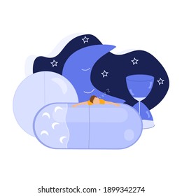Sleeping pills concept, man lies on capsule at night, vector illustration in flat style