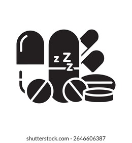 Sleeping pills icon for insomnia treatment representing sedative medication and sleep aid supplements for rest and overcoming sleep disorders vector solid glyph icon