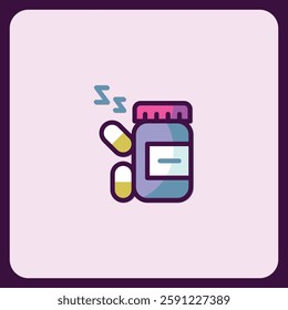 Sleeping Pills Icon, Medication Bottle and Capsules Illustration