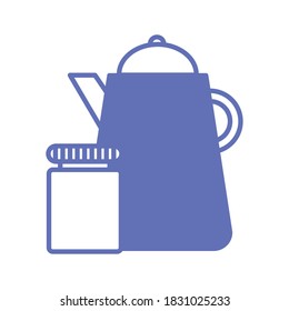 sleeping pills jar and coffee kettle line and fill style icon design, insomnia sleep and night theme Vector illustration
