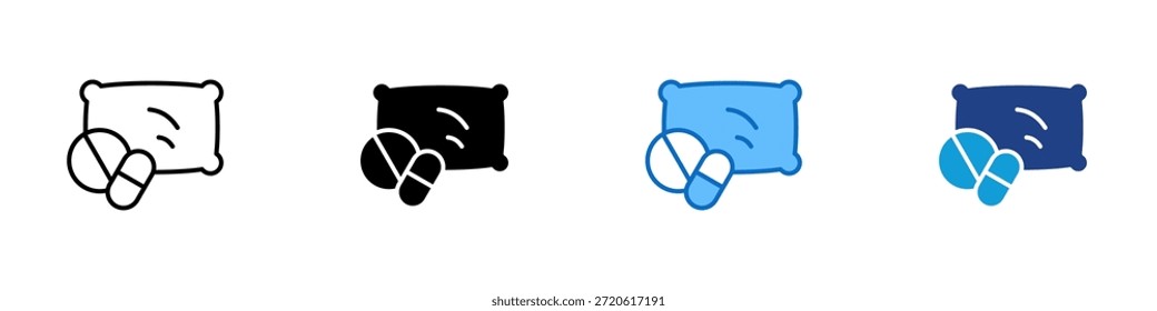Sleeping Pills Multiple Style Icon Design Vetor - Pílulas ao lado de um travesseiro que simboliza o auxílio para o sono, o tratamento da insônia e a melhoria do repouso