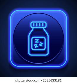 Sleeping pills simple icon vector. Flat design. Blue neon style on button. With shadow.ai