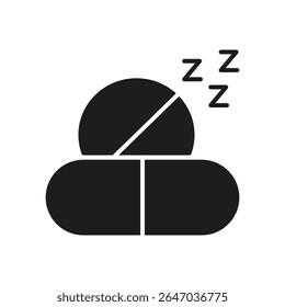 Sleeping Pills Solid Icon. Sleep Aid, Insomnia Relief, And Restful Night Silhouette Symbol. Medication For Better Sleep Quality. Isolated Vector Illustration.