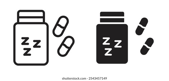 Ícone vetorial de pílulas para dormir em preto.
