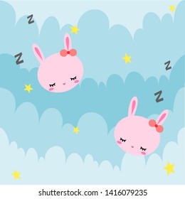 Sleeping pink rabbit with blue background of sky. Cute animal concept.