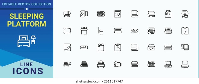Sleeping Platform icon set. Contains such symbols as medical hotel, room, hostel, rest and more. Bed icon set. Expanded stroke icons. Editable vector. Pixel perfect.