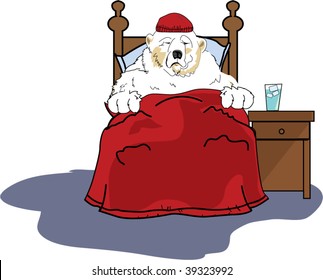 Sleeping polar bear in bed with night cap