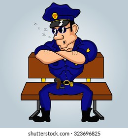 Sleeping policeman sitting on the bench
