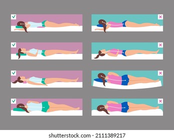 Sleeping poses. Bad and correct anatomy for laying on couch body position on mattress medical infographics recent vector flat illustrations