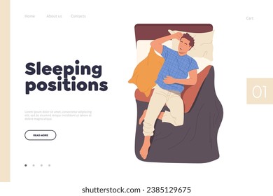 Sleeping position landing page template with relaxed young man character napping in bed design